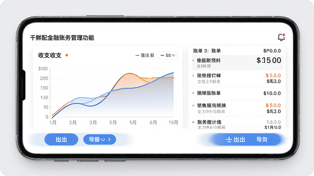 千鲜配金融账务管理功能界面图,主体是手机APP内的财务报表页面,布局清晰展示收支曲线与账单列表,排版专业,风格商务极简,细节包括图表颜色区分与导出按钮,画质锐利,干净,无多余元素