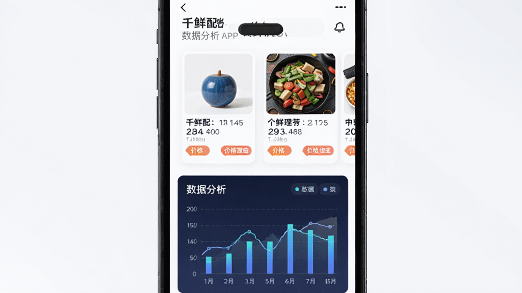 千鲜配APP的智能采购选品功能预览图,主体是手机界面截图,展示基于数据分析的个性化推荐列表,布局为上下结构,上方为商品推荐卡片,下方为数据分析图表,排版现代简约,风格科技感UI设计,细节突出推荐理由与价格优势标签,画质细腻,干净,无多余元素