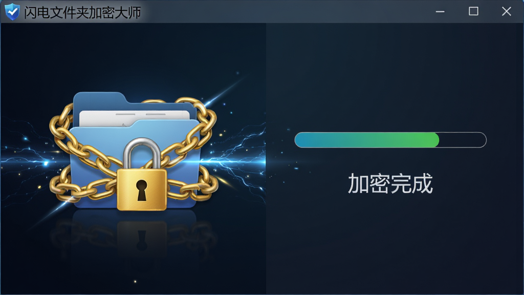 主体为电脑屏幕中“闪电文件夹加密大师”正在加密文件夹的动效截图,屏幕左侧有文件夹图标被金色锁链环绕,右侧显示进度条与“加密完成”字样,背景为深色渐变,布局为左右分栏,排版清晰,风格为写实与科技感结合,细节包含数据闪电流光效果,画质高清干净,无多余元素