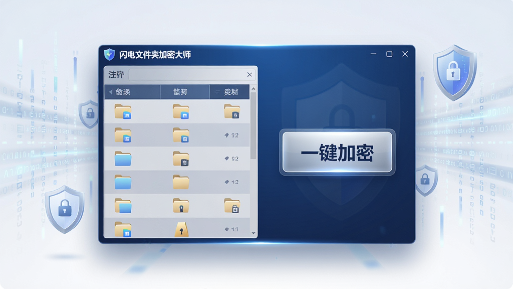 画面主体为“闪电文件夹加密大师”软件主界面悬浮于半空中,界面设计为深蓝与银灰科技风格,左侧是文件夹列表,右侧显示“一键加密”大按钮,背景为抽象的数据流与盾牌图标,整体布局呈中心对称,排版干净整洁,风格为现代扁平化UI设计,细节包含高光边缘与柔和阴影,画质清晰干净,无多余元素