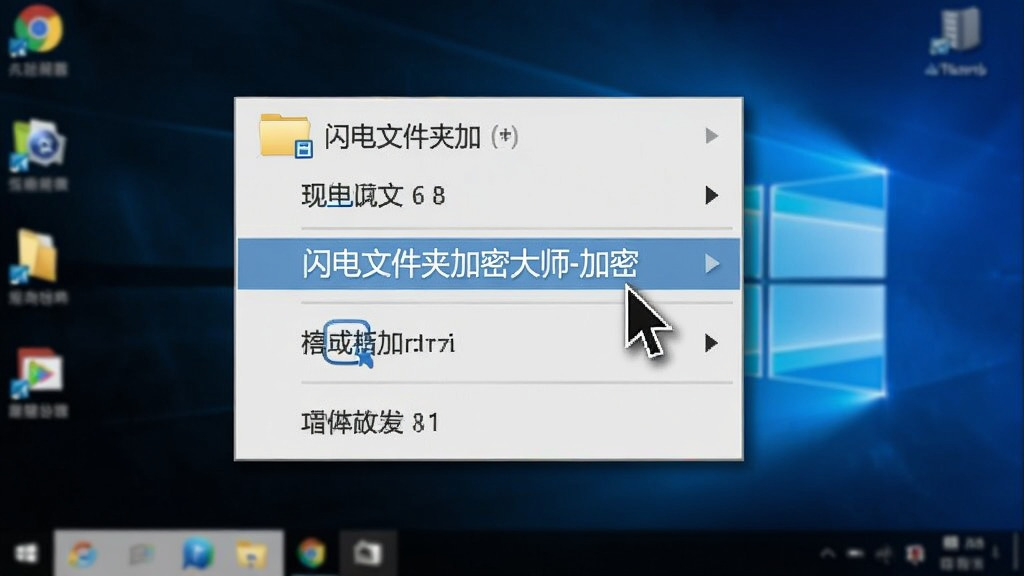 主体为鼠标右键点击文件夹弹出菜单,菜单中高亮显示“闪电文件夹加密大师-加密”选项,背景为Windows桌面壁纸,布局为居中特写,排版简洁,风格为写实屏幕截图风格,细节包含菜单阴影与光标指针,画质清晰干净,无多余元素
