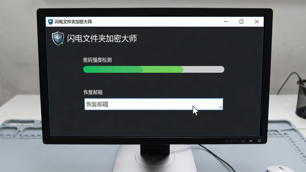 主体为电脑屏幕显示“闪电文件夹加密大师”设置界面,界面中有“密码强度检测”进度条与“恢复邮箱”输入框,背景为浅灰色工作台,布局为居中特写,排版整齐,风格为写实屏幕截图风格,细节包含光标位于输入框内,画质清晰干净,无多余元素