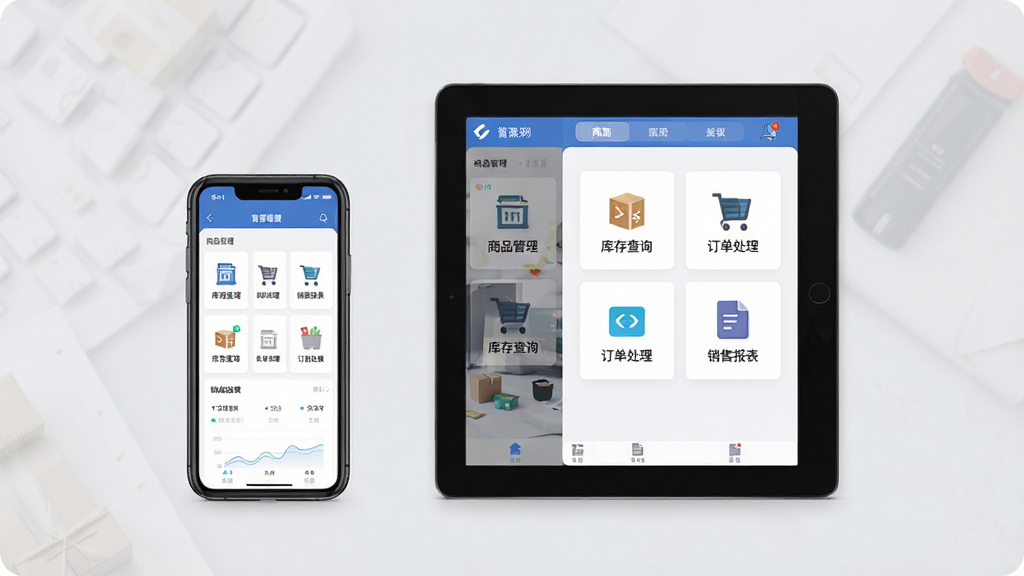 一张展示管家婆全渠道软件核心功能的宽幅界面预览图,画面中央是手机与平板并排显示的软件主界面,包含商品管理、库存查询、订单处理、销售报表等模块图标,背景为浅灰色商务感,布局清晰,风格简洁现代,细节丰富,画质干净,无多余元素。