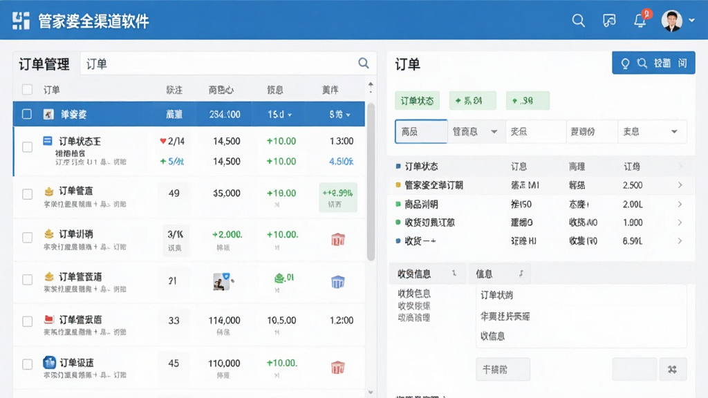 展示管家婆全渠道软件订单管理界面的截图模拟图,画面左侧为订单列表,右侧为订单详情,包含订单状态、商品明细、收货信息等,整体色调以蓝白为主,界面整洁,排版清晰,风格商务,细节丰富,画质干净,无多余元素。