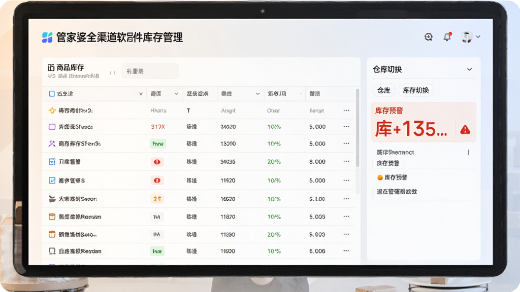 展示管家婆全渠道软件库存管理功能的界面预览图,画面展示商品库存列表、仓库切换、库存预警标识,背景为浅色渐变,风格简约商务,排版有序,细节清晰,画质干净,无多余元素。