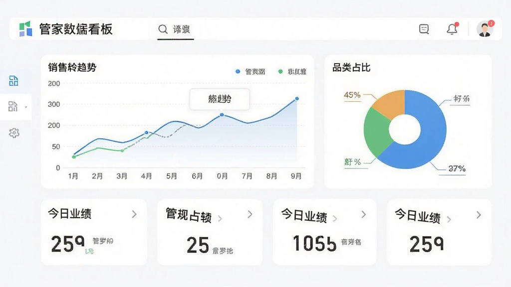 展示管家婆全渠道软件手机端数据看板的界面模拟图,画面为手机竖屏展示,包含销售趋势折线图、品类占比饼图、今日业绩数据卡片,背景为白色,风格清新商务,排版清晰,细节丰富,画质干净,无多余元素。