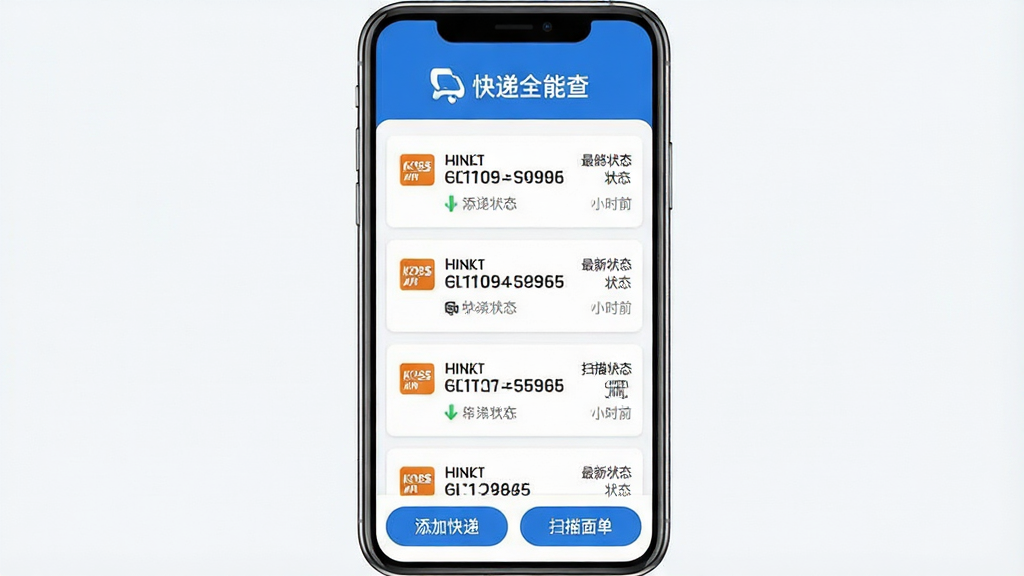 一张展示快递全能查App主界面的高清截图,手机屏幕居中,界面顶部显示“快递全能查”品牌名称和Logo,中间区域清晰列出多个快递单号卡片,每个卡片显示快递公司图标、单号、最新物流状态和时间,底部有“添加快递”和“扫描面单”两个功能按钮,整体UI风格简洁现代,色彩以蓝色和白色为主,布局整齐,画质清晰,干净无多余元素