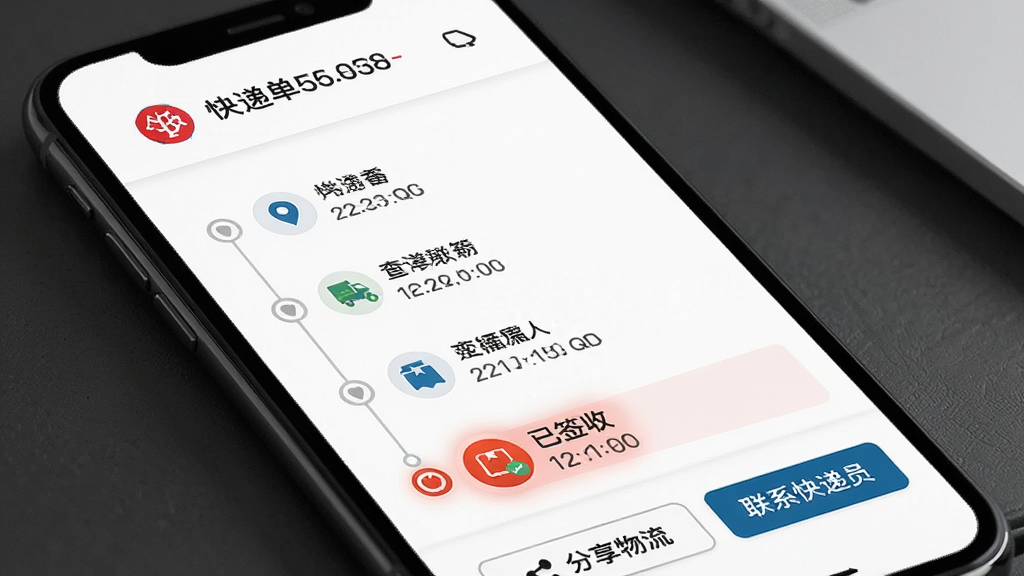 展示快递全能查物流轨迹详情页,手机屏幕上方显示快递单号和公司Logo,中间为纵向时间线,每个节点配有图标、地点和具体时间,最新节点高亮显示“已签收”,底部有“分享物流”和“联系快递员”按钮,整体风格清爽,信息层级分明,画质高,干净无多余元素
