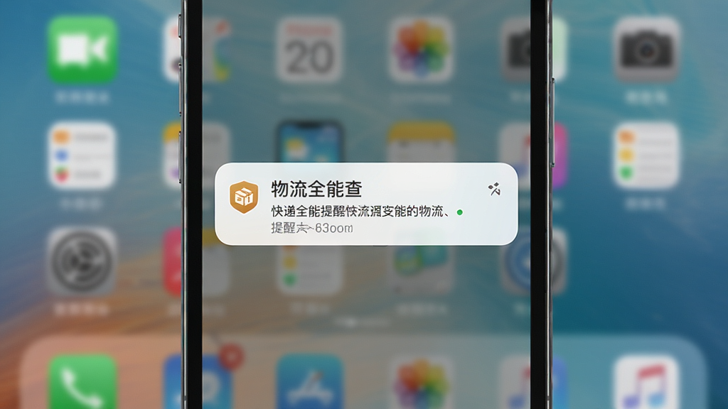 展示快递全能查在手机上的应用界面,手机竖屏显示,屏幕中有物流提醒通知栏弹出,背景为模糊的桌面,整体画面干净,突出手机屏幕内容,画质清晰,无多余元素