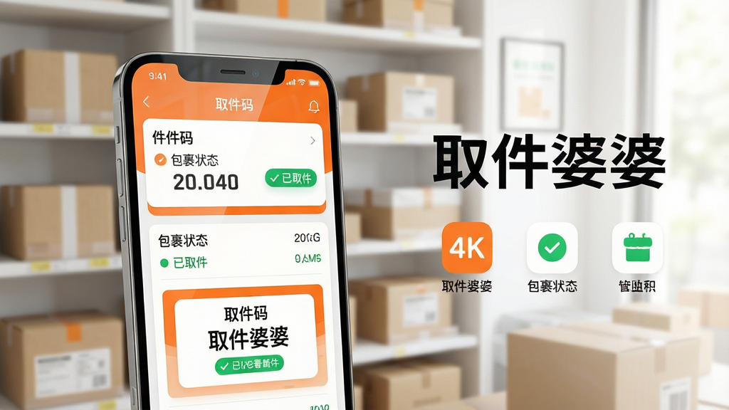 主体:取件婆婆APP界面展示,一部手机屏幕显示快递列表和取件码,背景是整洁的快递驿站货架,货架上整齐摆放着包裹。布局:手机位于画面中央偏左,右侧留白放置APP名称“取件婆婆”和简要功能图标,整体呈左右平衡构图。排版:手机屏幕内清晰展示“取件码”“包裹状态”等UI元素,文字标签使用黑体,字号适中,界面干净。风格:现代扁平化设计,主色调为橙色和白色,点缀绿色“已取件”状态标识,整体明亮活泼。细节:手机屏幕有轻微反光,驿站背景虚化处理,突出APP主体,画面中无多余人物或杂物。画质:4K超清,光线柔和,细节丰富,干净无多余元素。