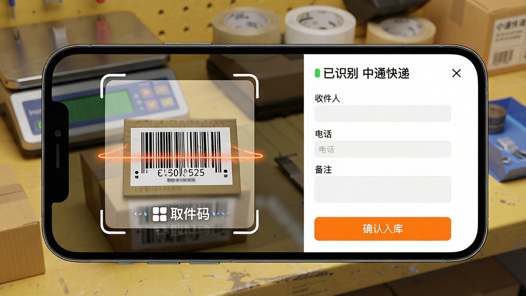 主体:取件婆婆APP的扫码入库功能界面,手机扫描快递单上的条形码,屏幕显示“已识别 中通快递”及取件码生成动画。布局:手机横屏展示,左侧为扫描框对准条形码,右侧为包裹信息录入表单,底部有“确认入库”按钮。排版:扫描框有四个边角,表单字段清晰标注“收件人”“电话”“备注”,按钮为橙色高亮,整体信息层级分明。风格:写实与UI结合,背景为快递驿站工作台,有电子秤和胶带等物品,色调暖黄,突出功能实用性。细节:条形码高亮显示,扫描线动态效果,屏幕反射环境光,细节真实。画质:高清渲染,锐利清晰,干净无多余元素。