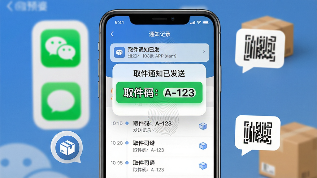 主体:取件婆婆APP的通知发送界面,手机屏幕显示“取件通知已发送”的弹窗,背景是微信和短信图标,周围有快递包裹和取件码气泡。布局:手机居中,屏幕上方为通知预览,下方为发送记录列表,左右两侧有装饰性图标。排版:弹窗醒目,文字“取件码:A-123”加粗显示,记录列表时间轴排列,整体简洁。风格:清新商务风,主色蓝白,通知成功用绿色高亮,界面圆润。细节:手机屏幕有指纹痕迹,背景虚化,突出通知内容。画质:高分辨率,光影自然,干净无多余元素。