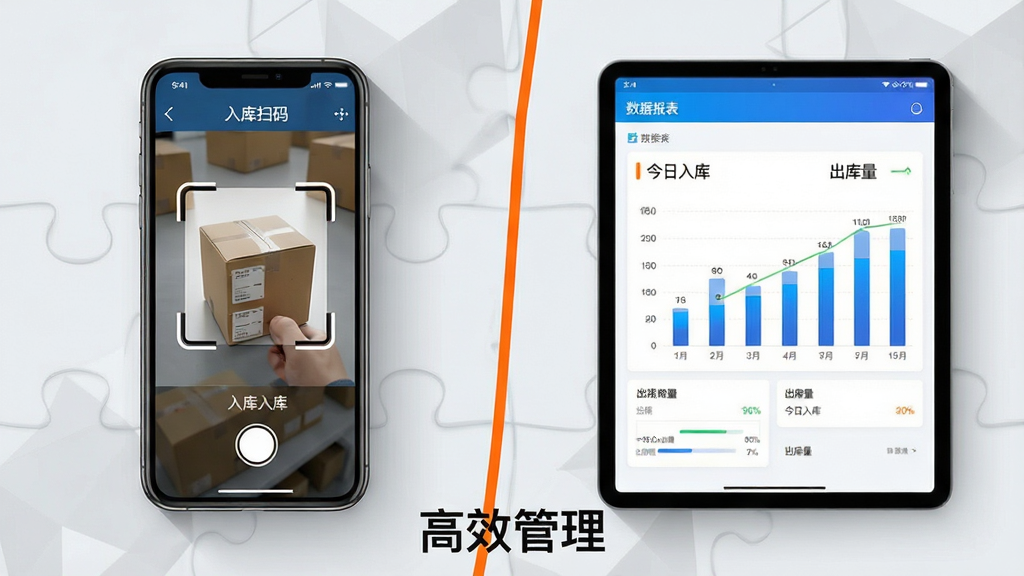 主体:取件婆婆APP在手机和平板上的使用场景拼图,左侧手机显示入库扫码,右侧平板显示数据报表。布局:左右分屏,中间用橙色线条分割,底部有“高效管理”字样。排版:手机屏幕内扫码框对准包裹,平板屏幕内柱状图清晰,文字标签“今日入库”“出库量”。风格:科技感商务风,背景为淡灰色几何图形,整体简洁专业。细节:设备有投影,屏幕内容清晰可辨,无多余杂物。画质:超清渲染,色彩饱和,干净无多余元素。