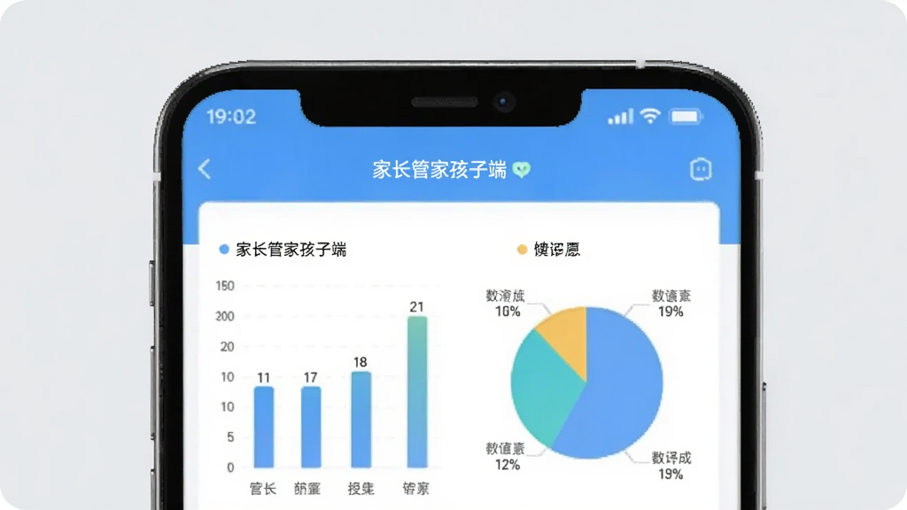 主体为手机屏幕,屏幕显示“家长管家孩子端”应用统计图表,包含柱状图与饼图,数据标签清晰,背景为浅灰色,风格简约,画质干净,无多余元素。