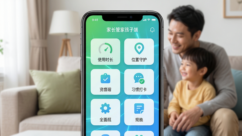 画面主体为一部智能手机屏幕,屏幕中显示“家长管家孩子端”应用界面,界面风格清新明亮,包含绿色和蓝色渐变色调,功能图标排列整齐,如“使用时长”、“位置守护”、“习惯打卡”等。背景为虚化的家庭客厅,有父母和孩子微笑互动的场景。整体布局居中,科技感与温馨感结合,画质高清,干净无多余元素。