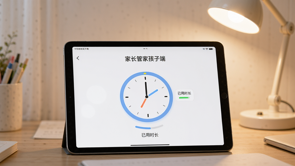 主体为一部平板电脑,屏幕显示“家长管家孩子端”时间管理界面,界面中有圆形时钟图样和“已用时长”数据,背景是书桌与台灯,光线柔和。整体布局简洁,风格写实,画质细腻,干净无多余元素。