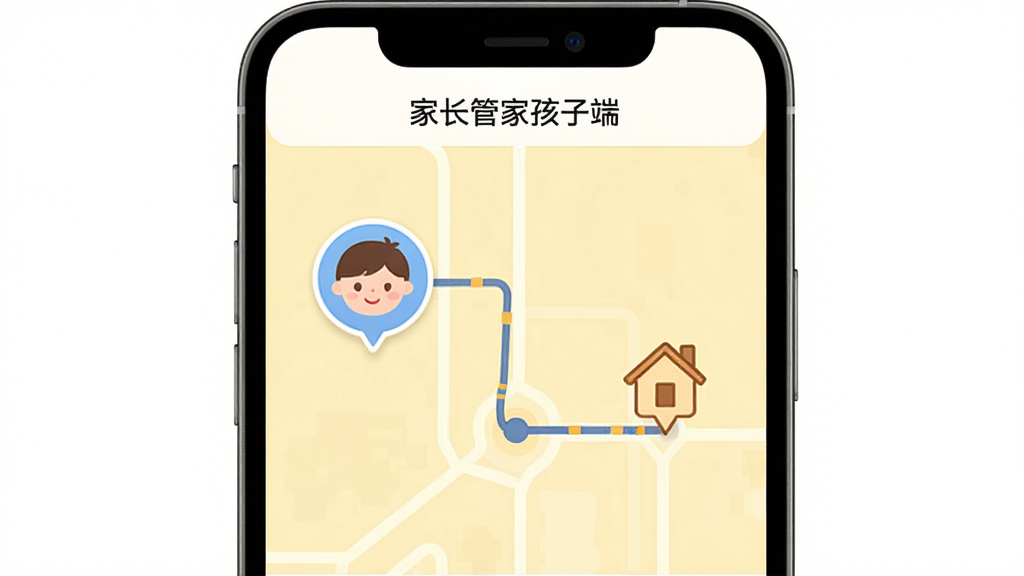 主体为手机地图界面,地图上显示一个儿童头像图标和一个家图标,路径线条连接两者,地图背景为浅黄色,界面顶部有“家长管家孩子端”字样,整体风格简洁,画质清晰,干净无多余元素。