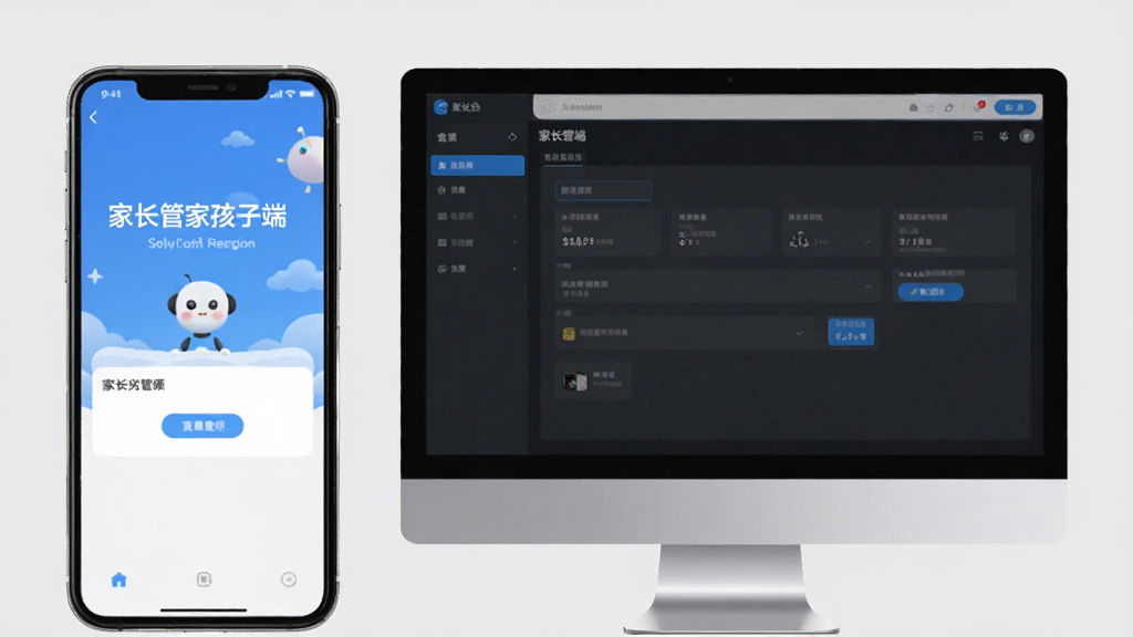 画面主体为一部手机和一部电脑并排放置,手机屏幕显示“家长管家孩子端”运行界面,电脑屏幕显示家长端管理后台,背景为纯色浅灰,整体布局对称,风格商务,画质干净,无多余元素。