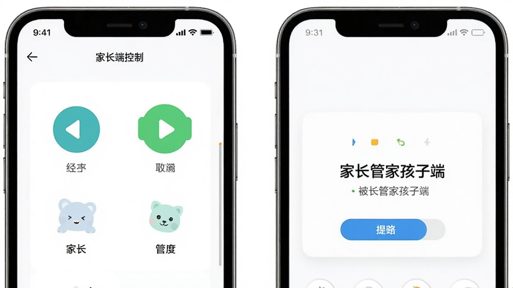 主体为两部手机,一部显示家长端控制界面,另一部显示“家长管家孩子端”被管控提示,背景为白色,界面简洁,风格商务,画质高清,干净无多余元素。
