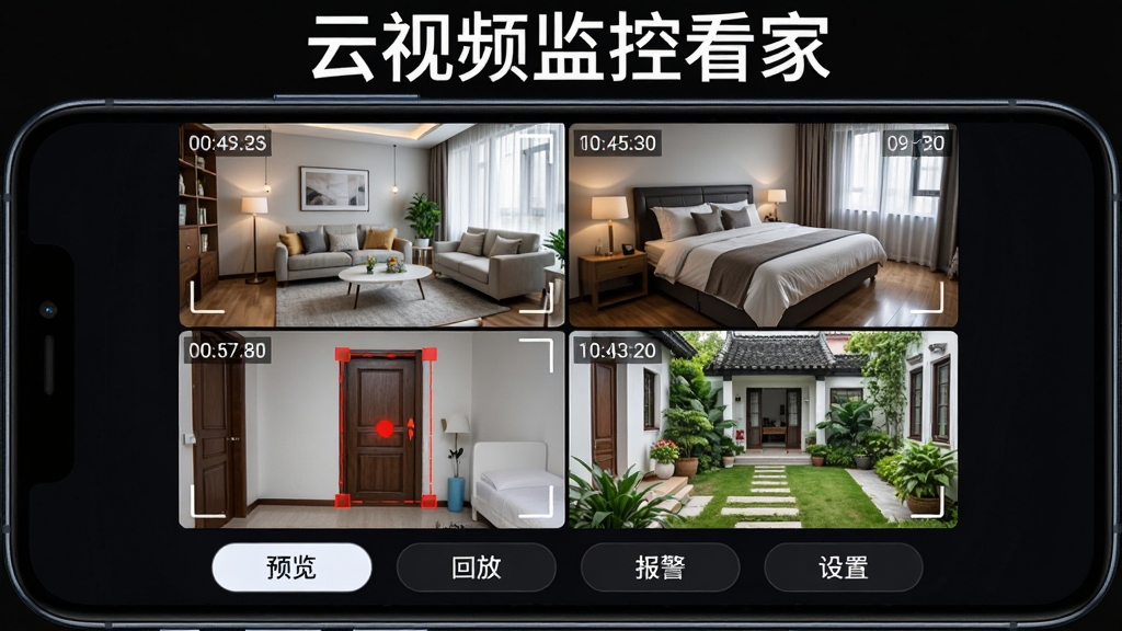主体:一部智能手机横屏显示“云视频监控看家”四宫格监控画面,每个格子显示不同房间(客厅、卧室、门口、庭院)。布局:手机居中,四格画面均匀分布,下方有功能按钮栏。排版:画面顶部有“云视频监控看家”白色字样,底部按钮为“预览”“回放”“报警”“设置”。风格:科技感UI设计,深色背景,高对比度。细节:每个监控画面带时间戳,其中一个画面有红色移动侦测框。画质:高清细腻,干净,无多余元素。