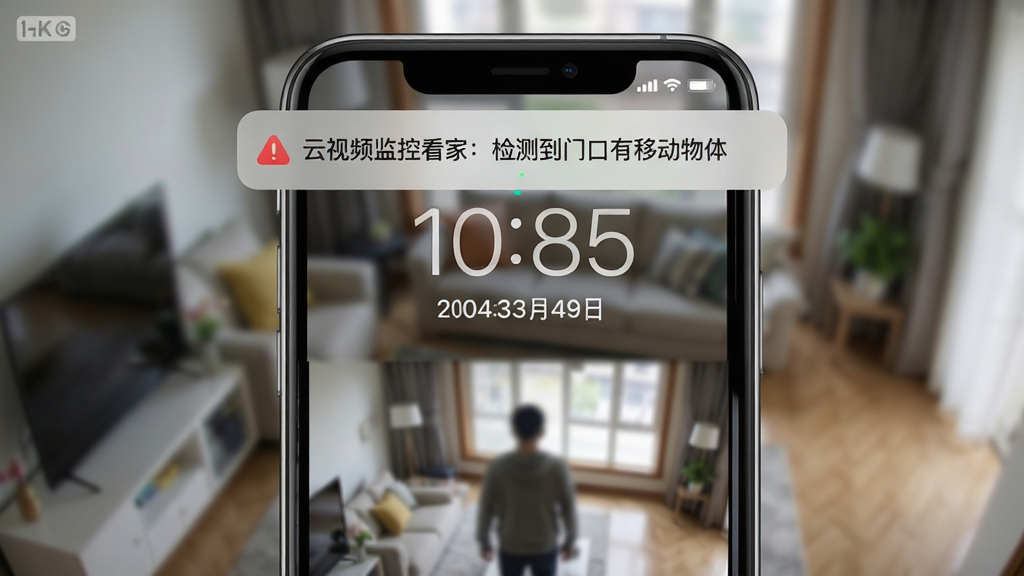 主体:手机锁屏界面显示一条“云视频监控看家”报警推送消息,背景为模糊的客厅监控画面。布局:手机竖屏,通知横幅位于屏幕上方,下方露出监控画面局部。排版:通知栏显示“云视频监控看家:检测到门口有移动物体”,配红色警告图标。风格:写实手机截图风格,带玻璃拟态效果。细节:锁屏时间、日期清晰,监控画面中有一个模糊人影。画质:4K清晰,干净,无多余元素。
