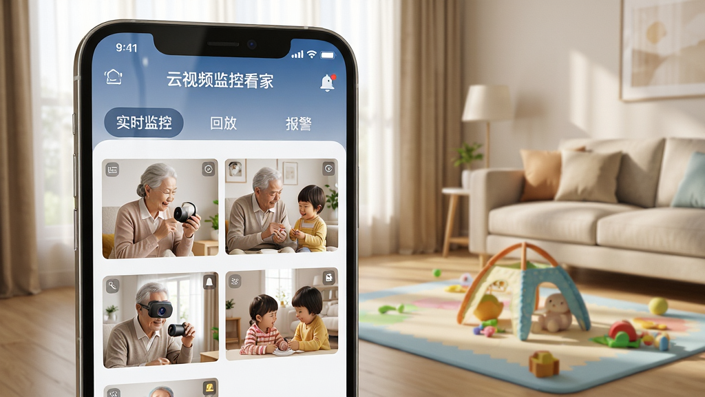 主体:现代家庭客厅场景,手机屏幕显示“云视频监控看家”App界面,画面中有多个摄像头画面缩略图。布局:手机居中偏左,右侧为家庭实景(沙发、婴儿爬行垫),整体横向构图。排版:手机界面清晰显示“实时监控”“回放”“报警”三个标签页。风格:写实3D渲染风格,明亮温馨色调。细节:手机屏幕反光自然,界面图标精致,摄像头画面中有老人与儿童互动。画质:8K超高清,干净,无多余元素。