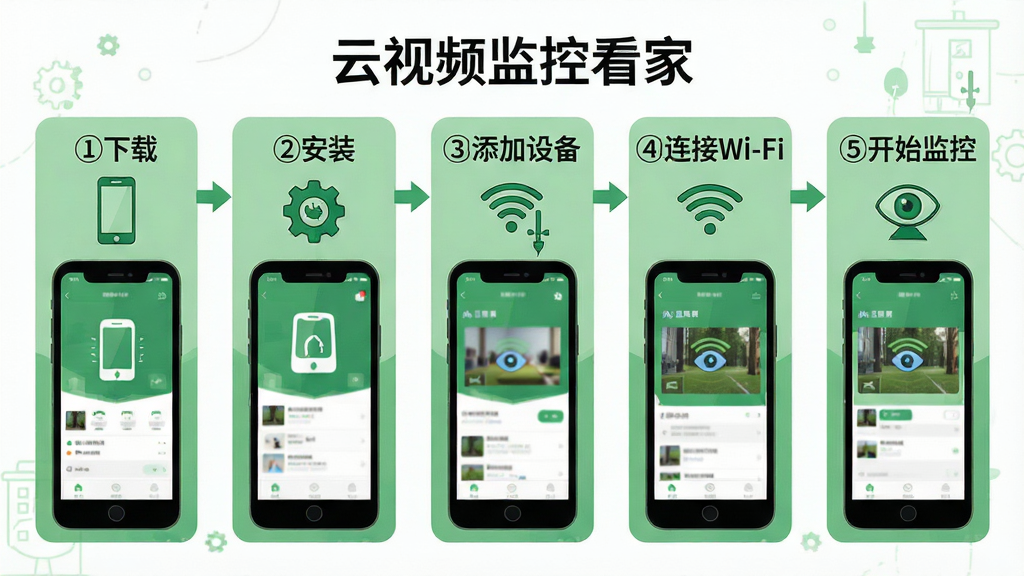 主体:一张操作流程图,展示“云视频监控看家”APP从安装到使用的步骤,包括下载、安装、添加设备、预览画面。布局:横向流程,五个步骤用箭头连接,每个步骤下方有手机截图示意。排版:步骤标题为“①下载”“②安装”“③添加设备”“④连接Wi-Fi”“⑤开始监控”,字体清晰。风格:扁平化插画风格,绿色主色调。细节:每一步骤配有小图标,如手机、齿轮、Wi-Fi信号、眼睛。画质:高清矢量,干净,无多余元素。