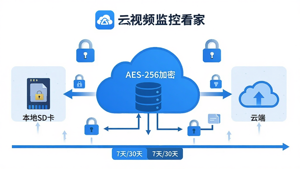 主体:云存储示意图,带有“云视频监控看家”Logo,周边环绕加密锁图标和时间轴。布局:中央为云朵形状的数据库,左右两侧分列“本地SD卡”和“云端”两个区域,用箭头连接。排版:云朵上有“AES-256加密”字样,时间轴显示“7天/30天”选项。风格:扁平化信息图,蓝色系科技风。细节:数据流向清晰,文件图标带锁。画质:矢量高清,干净,无多余元素。