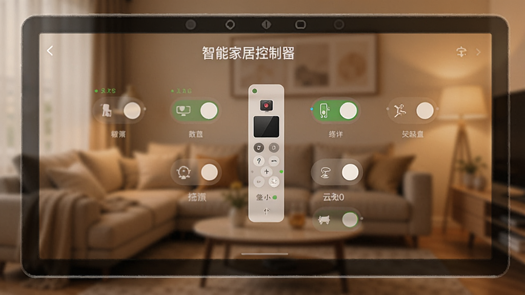 一张智能家居控制面板的界面截图概念图,屏幕中显示万能遥控器控的场景编辑页面,包含多个设备开关状态,背景是模糊的客厅环境,灯光温馨,整体风格科技感与生活化结合,色调为暖色系,画面干净整洁,无多余元素。