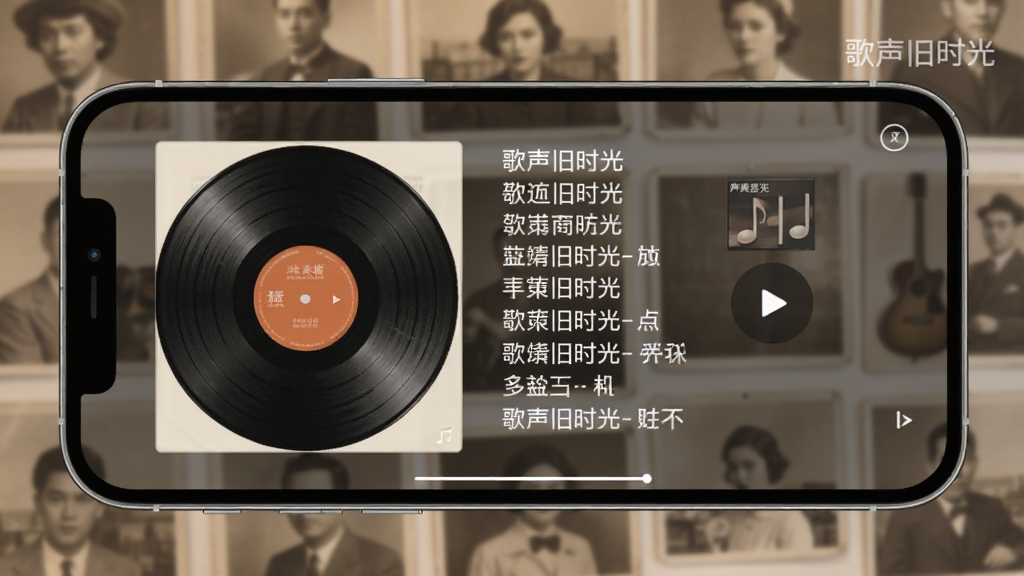 主体为手机横屏播放歌曲时的界面,背景为模糊化的老照片墙,前景为歌词滚动字幕。布局采用左右分栏,左侧为唱片封面,右侧为歌词。排版风格为极简现代,细节上歌词字体清晰,标注“歌声旧时光”水印,画质柔和,干净无多余元素。