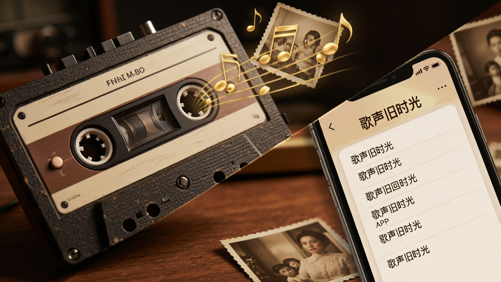 主体为一部复古磁带播放器与智能手机叠加的创意画面,磁带中飘出金色音符与老照片光影。布局上,左侧为磁带实体,右侧为手机屏幕展示“歌声旧时光”APP界面,画面中央偏下放置木质桌面。排版采用对角线构图,风格为怀旧复古与数字科技融合,细节上磁带纹理清晰,手机界面歌词本样式,画质高清,干净无多余元素。