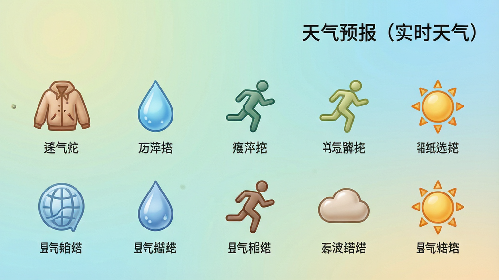 主体:一系列生活指数图标(如衣物、水滴、跑步、太阳)整齐排列,背景为渐变色,右上角有“天气预报(实时天气)”字样。布局:图标呈网格状分布,每个图标下方有简短文字。排版:均衡对称,色调淡雅。风格:清新自然,亲和力强。细节:每个图标设计精美,颜色与天气状况对应。画质:高保真,干净,无多余元素。