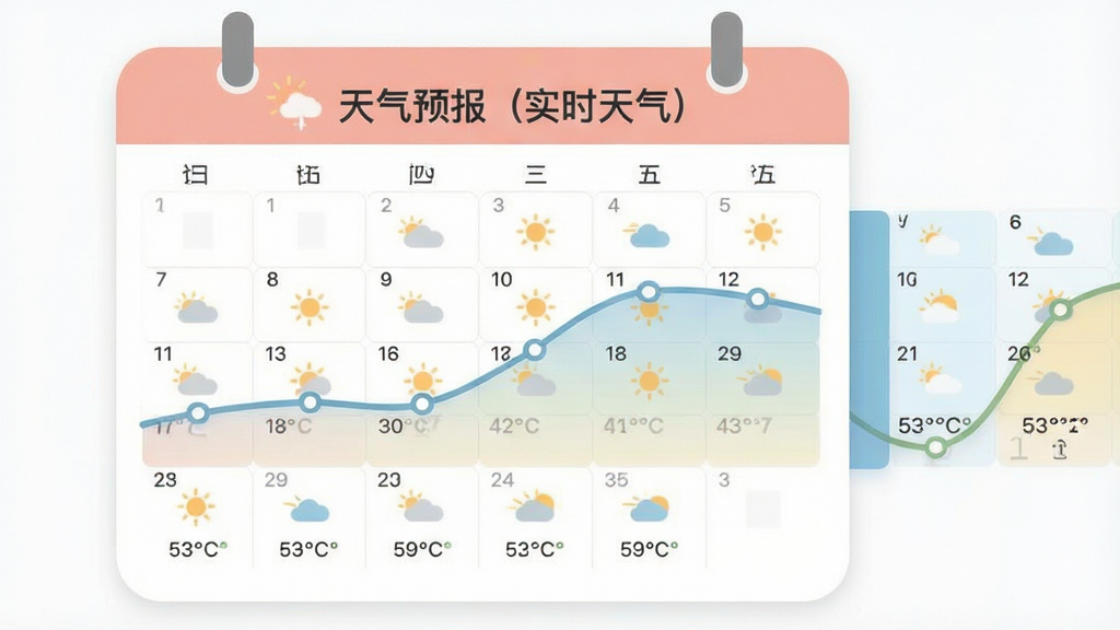 主体:日历形状的界面上展示一周天气图标与温度曲线,顶部标有“天气预报(实时天气)”。布局:日历网格排列,曲线图贯穿其中。排版:横向滚动设计,直观易读。风格:扁平化设计,色彩柔和。细节:每个日期下方显示天气图标和温度数字。画质:清晰锐利,无多余元素。