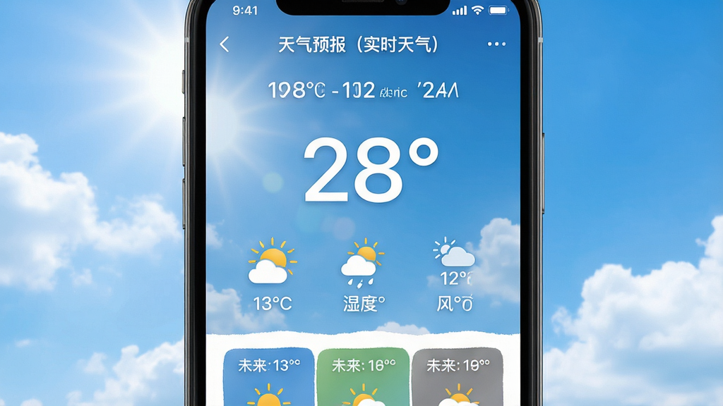 主体:手机屏幕特写,界面显示“天气预报(实时天气)”应用主页面,背景为晴朗蓝天白云,气温数字醒目。布局:手机居中,屏幕内容清晰,周边留白。排版:简洁现代,信息层级分明。风格:写实风格,色彩明亮通透。细节:屏幕中显示温度、天气图标、湿度、风力等数据,下方有未来几小时预报条。画质:高清渲染,干净,无多余元素。