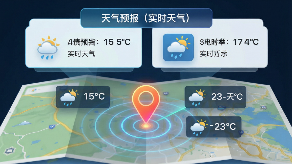 主体:地图背景上定位标志闪烁,周围显示天气图标与温度数据,标注“天气预报(实时天气)”。布局:地图占据画面下半部分,上半部分为信息卡片。排版:信息卡片悬浮于地图上方,层次感强。风格:科技感与实用性结合。细节:定位点周围有雷达波纹效果,天气图标清晰。画质:高分辨率,细节丰富,干净,无多余元素。