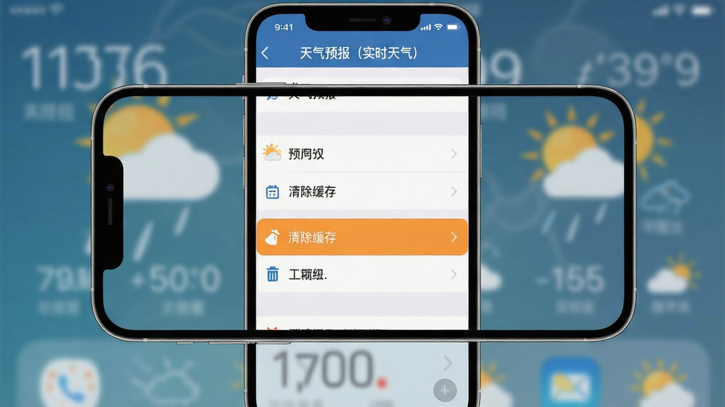 主体:手机横屏展示应用内设置菜单,突出“清除缓存”选项,背景为模糊的天气界面。布局:设置列表居中,每行有图标和文字。排版:简洁清晰,选中项高亮。风格:扁平化,浅色背景。细节:屏幕上方有“天气预报(实时天气)”标识。画质:高清,无多余元素。