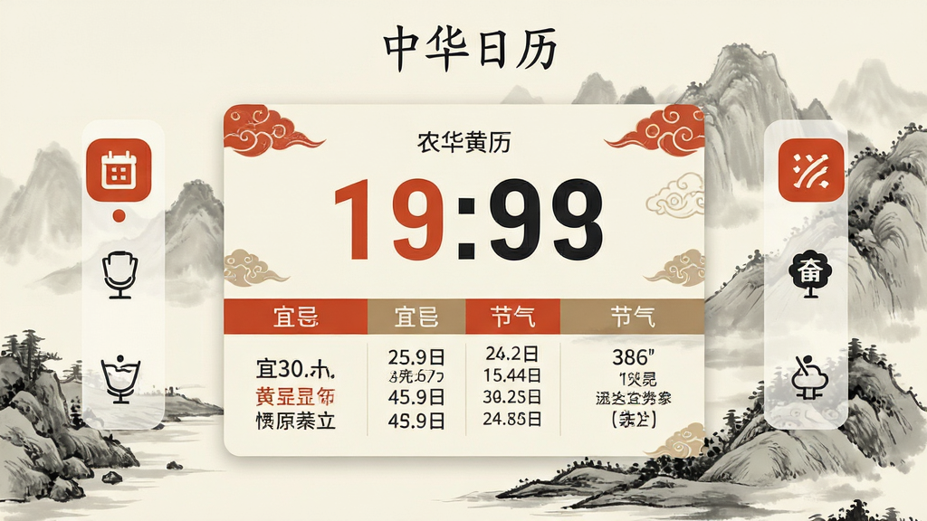 主体:中华日历应用界面,展示农历黄历信息,背景为传统水墨山水画,界面简洁清晰。布局:中间为日期大卡片,左右两侧功能图标对称排列,顶部显示“中华日历”字样。排版:现代扁平化设计,信息层级分明,日期、宜忌、节气分区展示。风格:融合中国风与现代简约,色调以朱红、墨黑、米白为主。细节:界面带有细腻的祥云纹理,日期数字醒目,宜忌文字清晰。画质:高清,干净,无多余元素。