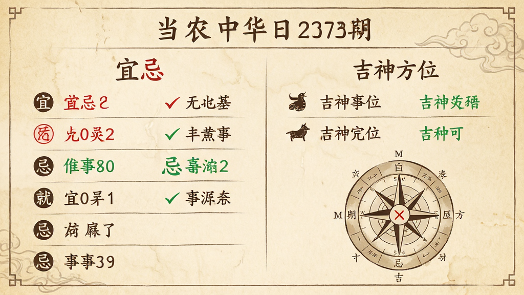 主体:中华日历的黄历功能页面,展示“宜忌”列表和吉神方位。布局:顶部为当日农历日期,下方左右分栏显示宜事与忌事,底部为吉神方位图。排版:列表式布局,条目清晰,重点用红绿颜色区分。风格:古风纸质质感,米黄色背景,仿古字体。细节:宜忌条目带小图标,吉神方位以罗盘形式呈现。画质:高清明亮,干净无多余元素。