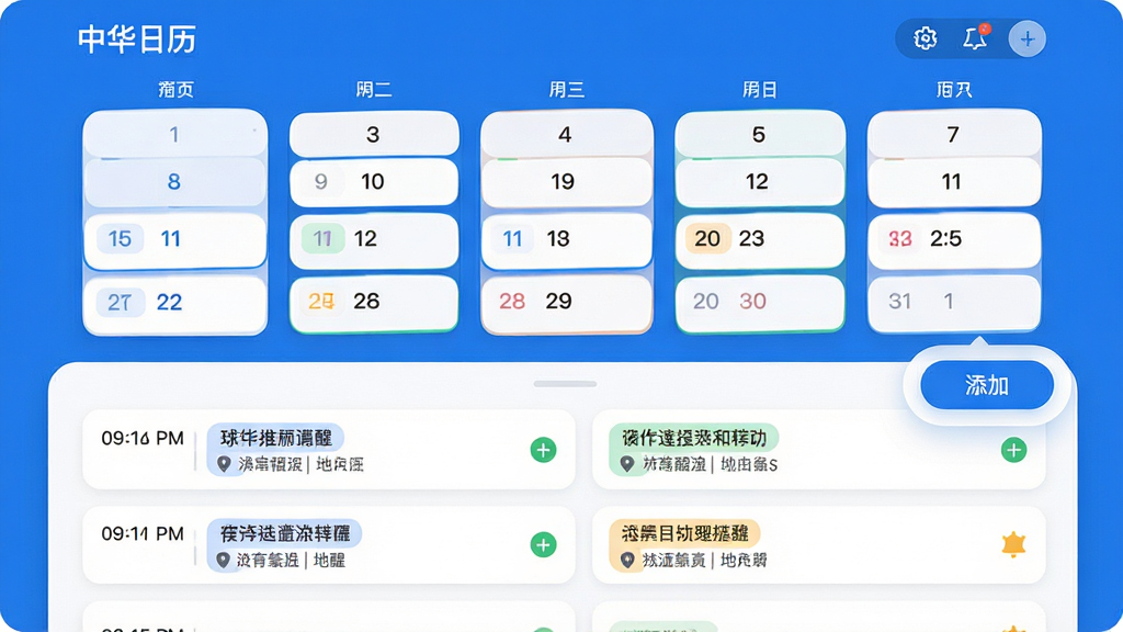 主体:中华日历的日程管理界面,显示月视图和日程列表。布局:上半月历网格,下半日程详情,右侧悬浮“添加”按钮。排版:简洁的卡片式设计,日程按时间排列,颜色标签区分类型。风格:现代清爽,蓝白主色调,圆角元素。细节:日程卡片显示时间、标题和地点,提醒图标明显。画质:高清,界面干净,无多余元素。