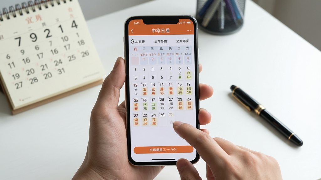 主体:中华日历在手机上的使用场景,一只手拿着手机,屏幕显示日历主界面。布局:手机居中,背景为简洁书桌,周围有日历、笔。排版:手机屏幕内容清晰可见,突出应用界面。风格:写实生活照,自然光线。细节:屏幕上的日期、宜忌文字可辨,手指点按屏幕。画质:高清,干净,无多余元素。