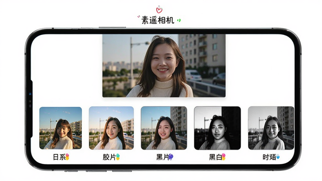 主体为手机屏幕展示“素遥相机”的滤镜选择界面,屏幕下方排列着多款滤镜缩略图,每款滤镜下方有名称标签,如“日系”、“胶片”、“黑白”。布局为横向滑动列表,上方是当前照片的预览,滤镜效果直接叠加在照片上。排版整齐,风格活泼,细节包括滤镜名称的字体样式,画质通透,背景为白色,干净无多余元素。