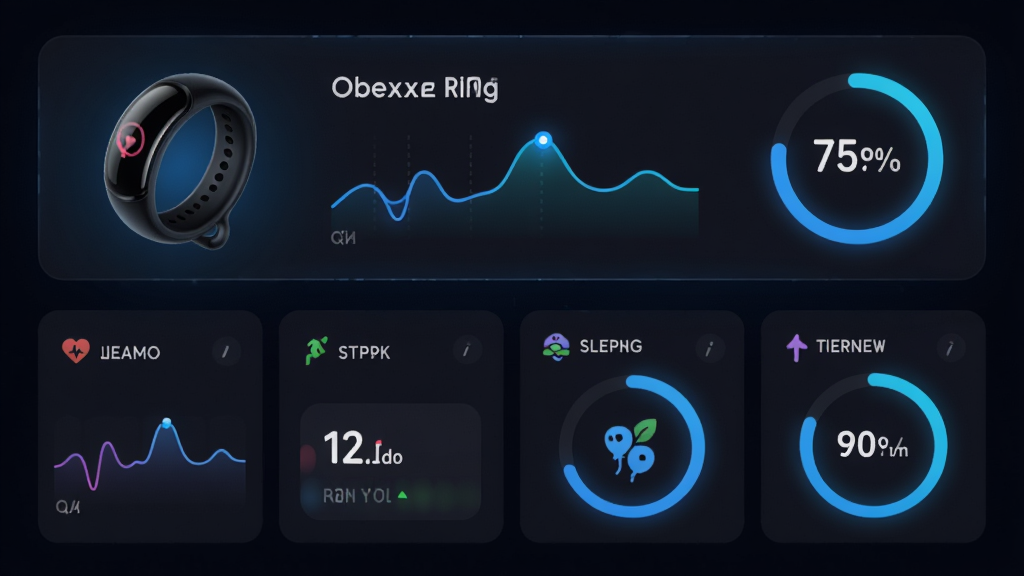 Obexx Ring应用主界面预览图,展示智能戒指连接状态与健康数据仪表盘,主体为深色背景与蓝色数据光效,布局采用上下结构,上方为戒指设备状态卡片,下方为心率、步数、睡眠等数据网格,排版简洁,风格科技感十足,细节包含动态波形图与百分比圆环,画质高清,干净,无多余元素