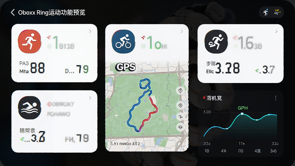 Obexx Ring运动记录功能预览,主体为运动数据汇总页面,布局为卡片式排列,展示跑步、骑行、游泳等图标与数据,风格动感活力,细节包含GPS轨迹地图与配速曲线,画质高清,干净,无多余元素