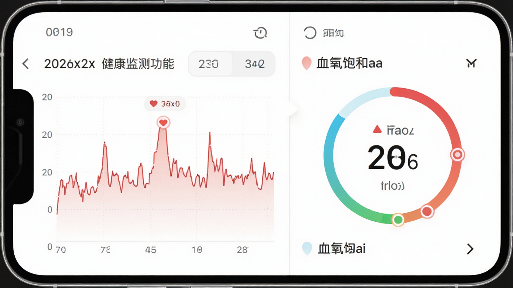 Obexx Ring健康监测功能预览,主体为智能手机界面显示心率曲线与血氧数据,布局为左右分屏,左侧为实时心率波形,右侧为血氧饱和度圆环,风格清新简洁,细节包含日期选择器与异常标记点,画质清晰,干净,无多余元素