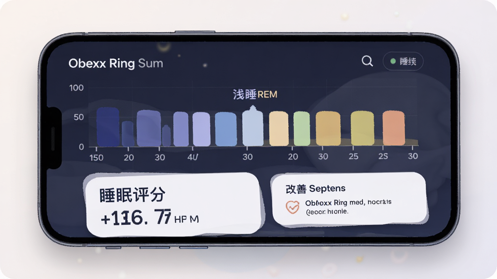 Obexx Ring睡眠分析界面展示,主体为手机屏幕内睡眠分期柱状图,布局采用时间轴横向展开,深睡浅睡REM用不同颜色区分,风格柔和助眠色调,细节包含睡眠评分大数字与改善建议卡片,画质柔和,干净,无多余元素