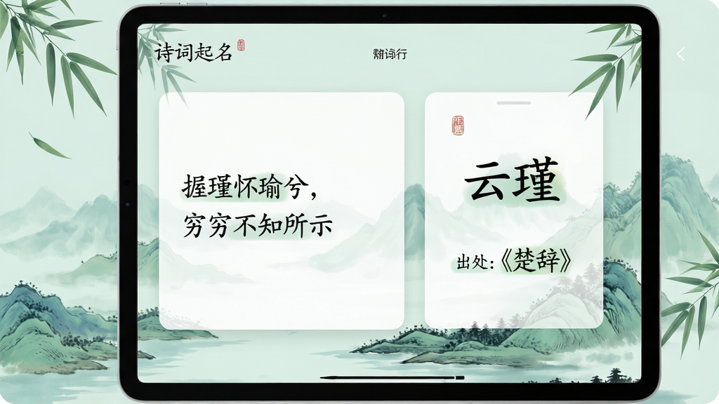 主体:“诗词起名”软件在平板电脑上运行,屏幕显示名字生成结果“云瑾”。布局:左侧为诗词原文“握瑾怀瑜兮,穷不知所示”,右侧为名字解读卡片。排版:界面采用卡片式布局,字体优雅,重点高亮“出处:《楚辞》”。风格:淡雅水墨风与现代UI结合,背景为青绿山水。细节:屏幕边缘有竹叶装饰,画面干净。画质:4K超清,色彩柔和,无多余元素。