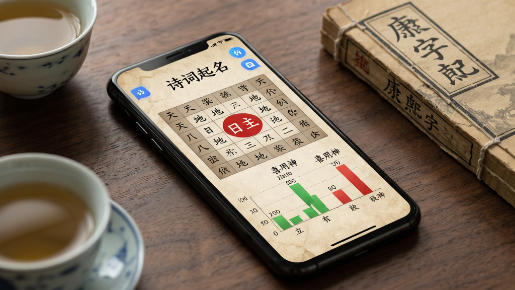 主体:一部手机平放在桌面上,屏幕显示“诗词起名”的八字排盘界面。布局:屏幕中央显示天干地支表格,下方有五行统计柱状图。排版:红色字体突出显示“日主”和“喜用神”。风格:仿古宣纸背景,现代UI图标。细节:桌面上有一杯清茶和一本《康熙字典》。画质:超清写实摄影风格,景深效果明显,无多余元素。