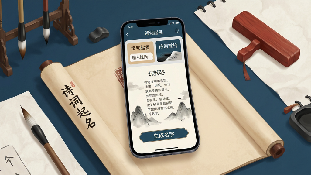 主体:一款名为“诗词起名”的手机应用界面悬浮于古风书卷之上。布局:界面展示“宝宝起名”与“诗词赏析”两个核心模块,四周环绕着毛笔、宣纸、红木镇尺等文房元素。排版:应用界面清晰显示“输入姓氏”与“生成名字”按钮,屏幕中央有一首《诗经》摘录。风格:新中式极简插画风,暖米色与黛青色为主色调。细节:画面干净通透,水墨晕染效果细腻,书卷上印有“诗词起名”字样。画质:8K高清渲染,光影柔和,无多余元素。