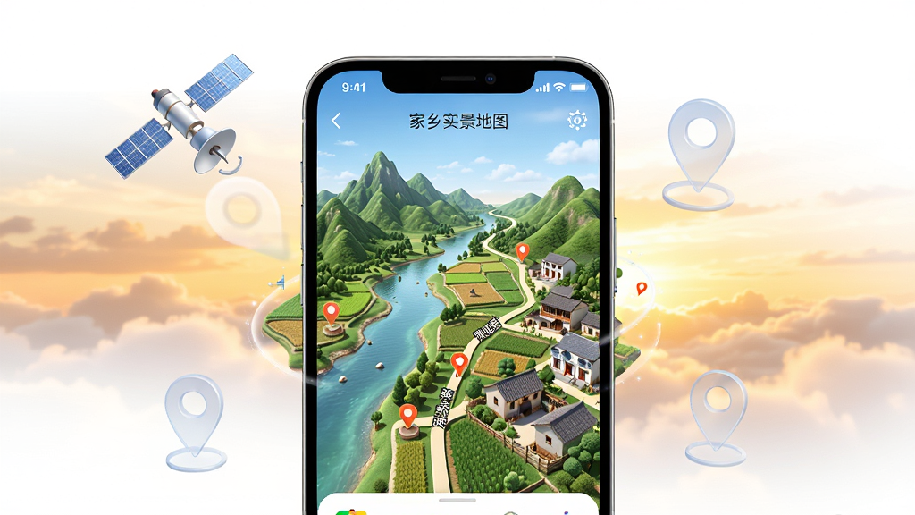 画面中央展示一部智能手机,屏幕中显示“家乡实景地图”APP界面,界面呈现中国乡村的3D实景地图,有青山绿水、农田与民居,地图上标注道路名称与地标。手机周围漂浮着半透明的卫星与定位图标,背景为温暖的日落天空与云层,整体布局以手机为主体,周围留白。风格为写实3D渲染,色彩明亮清晰,细节丰富,画质干净无多余元素。