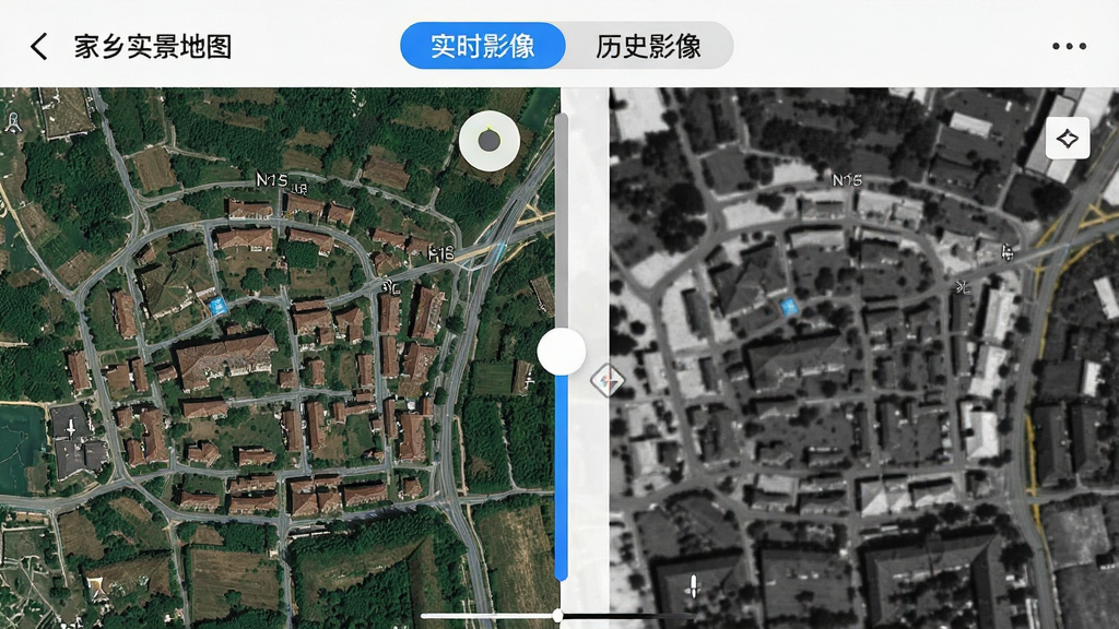 一张“家乡实景地图”APP截图,左侧显示高清卫星图,右侧显示同一区域的历史黑白影像,中间有滑块进行对比。界面简洁,顶部有“实时影像”与“历史影像”切换标签,风格为科技感UI设计,色彩明亮,细节清晰,画质干净无多余元素。